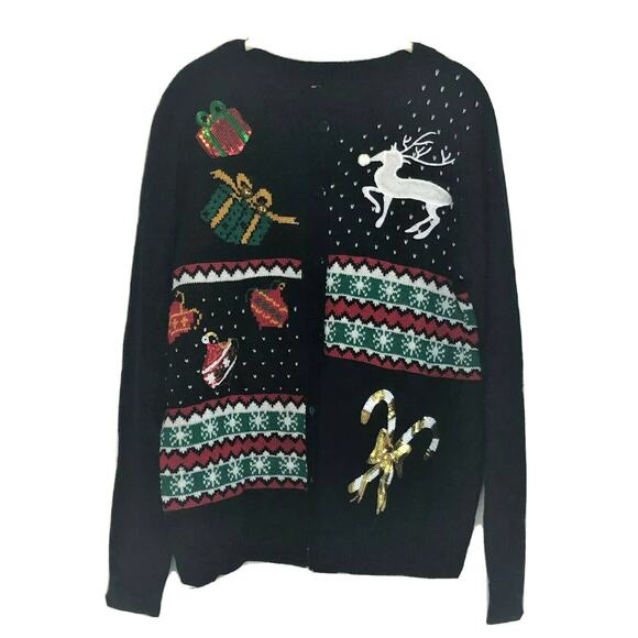 Ugly Christmas Sweater Cardigan Large Black Embellished Button Up - Picture 1 of 6